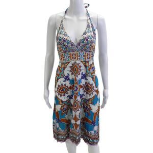 Taka Women Blue Sundress V-Neck Cotton Geometric Bohemian Short Size L